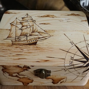 Treasure box with woodburned ship and worldmap, padded inside