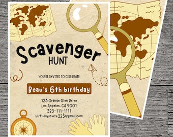 Scavenger Hunt Theme Birthday Party Invitation, Hunting Treasure Hunt Egg Hunt Fox Hunt, Invite Printable Custom, Celebrate Gathering Event