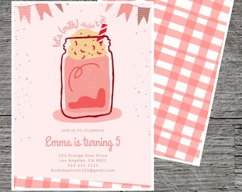 Plantilla de invitación a fiesta de cumpleaños con tema de batido, bebida frappe, leche, chocolate, batido de leche, café, editable a medida, 5 x 7", herramienta en línea de Canva
