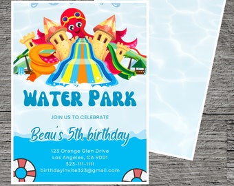 May include: A blue and white invitation for a water park themed birthday party. The invitation features a cartoon octopus on a water slide with sandcastle towers. The text reads "Water Park" and "Beau's 5th birthday".