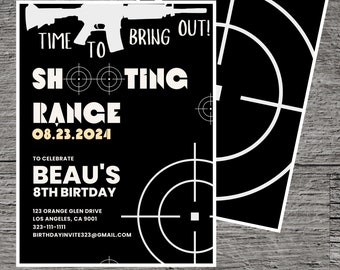 Shooting Range Theme Birthday Party Invitation Template, Archery Rifle Distance Firing Range Area, Custom Editable 5 x 7&quot;, Canva Online Tool
