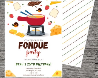 Fondue Theme Birthday Party Invitation, Cheese Chocolate Dip Dessert Appetizer Foodie Invite Printable Custom, Celebrate Gathering Fun Event