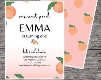Invitación a la fiesta de cumpleaños del tema melocotón, pastel de fruta dulce melocotón crecer linda chica adorable, invitar personalizado imprimible celebrar evento divertido de reunión
