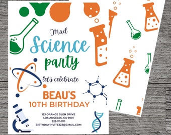 May include: A colorful invitation for a Mad Science party to celebrate Beau's 10th birthday. The invitation features a beaker, a microscope, a DNA strand, and a molecule. The text on the invitation reads "Mad Science party let's celebrate Beau's 10th Birthday".