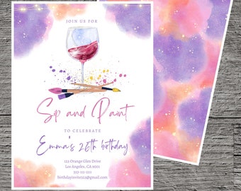 Sip and Paint Theme Birthday Party Invitation, Wine Watercolor Draw Canvas Drink Color Invite Printable Custom Celebrate Gathering Fun Event