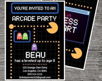 May include: Two black arcade party invitations with pixelated graphics. One invitation features the text "YOU'RE INVITED TO AN ARCADE PARTY" and "BEAU has a leveled up to age 8". The other invitation has the text "ESS ART".