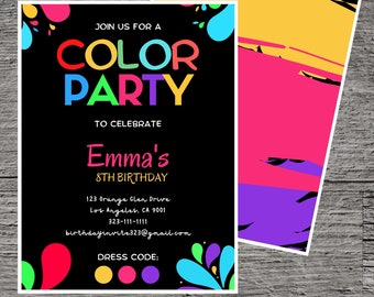 birthday invitation card with dress code Color Party Theme Invitation, up in Color, Red Blue Green Yellow Pink, Invite Printable Custom, Celebrate Gathering Fun Event Pink