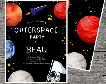 Outer Space Exploration Theme Birthday Party Invitation Template, Planet Earth Spaceship Fun, Custom Editable 5 x 7", Canva Free Online Tool