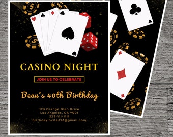 Casino Night Theme Birthday Party Invitation, Poker Cards Vegas Gamble Blackjack Slots Invite Printable Custom Celebrate Gathering Fun Event