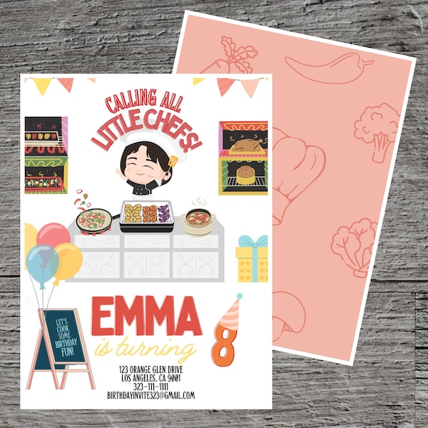 Cooking Class Theme Birthday Party Invitation Template, Chef Recipes Ingredients Kitchen Techniques, Custom Editable 5 x 7", Canva Free Tool