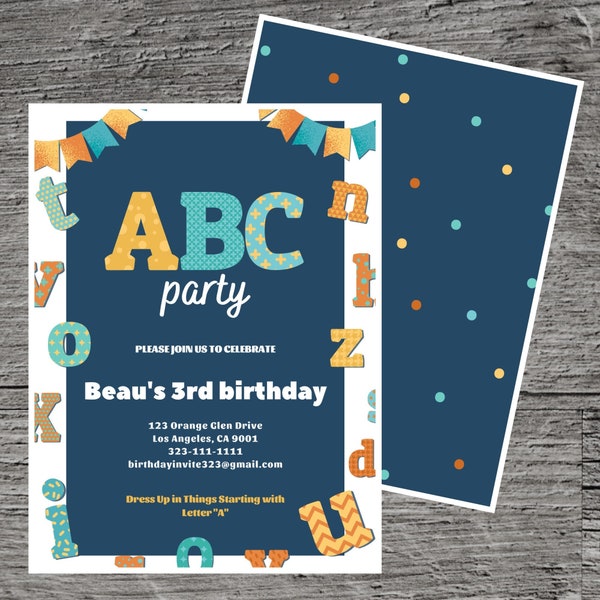 Alphabet Dress Up Letter Theme Birthday Party Invitation, Costume Starts With ABC Outfit, Invite Printable Custom Celebrate Gathering Event