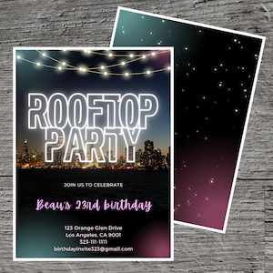 Rooftop Theme Birthday Party Invitation Template, Bar Lounge View Nightlife Outing Night Roof Top, Custom Editable 5 x 7&quot;, Canva Online Tool