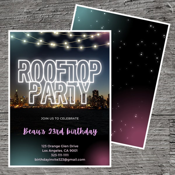 Rooftop Theme Birthday Party Invitation Template, Bar Lounge View Nightlife Outing Night Roof Top, Custom Editable 5 x 7", Canva Online Tool