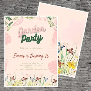 Gartenparty Thema Geburtstagsfeier Einladung, Blume Pflanze Landschaft Baum Gras Blüte, einladen druckbare individuell gestaltete, feiern Gathering Event