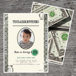 "Geburtstagsfeier-Einladungsvorlage für Geldthema, Bargeld, Münze Fund Bank Reichtum Dollar Finanzierung, Individuell bearbeitbar 5 x 7 ", Canva Free Tool