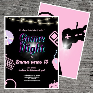 Game Night Theme Birthday Party Invitation, Retro Video Games Black Pink Electronic, Invite Printable Custom Celebrate Gathering Fun Event
