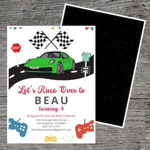 May include: A birthday invitation for a boy turning four. The invitation features a green race car on a black road with checkered flags and a stop sign. The text on the invitation reads "Let's Race Over to Beau turning 4".