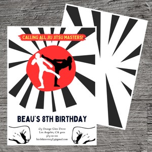 Plantilla de invitación a fiesta de cumpleaños temática Jiu Jitsu para Beau, Karate, deportes físicos, artes marciales, editable personalizado 5 x 7", herramienta libre de Canva