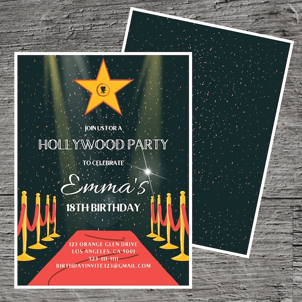 Hollywood thema verjaardag uitnodiging voor feest, Superstar Star Celebrity Runway Red Carpet, uitnodigen afdrukbare aangepaste vieren verzamelen leuk evenement