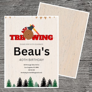 Op de afbeelding: Een rode en witte uitnodiging voor een 40e verjaardagsfeest met een cartoon-bijl en een houten doelwit. De uitnodiging zegt "Axe Throwing" en "Beau's 40th Birthday". De uitnodiging bevat het adres, telefoonnummer en e-mailadres voor het feest.