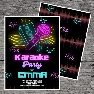 May include: Neon pink and blue karaoke party invitation with a microphone and speaker on a black background. The invitation says "Karaoke Party for Emma" with contact information below.