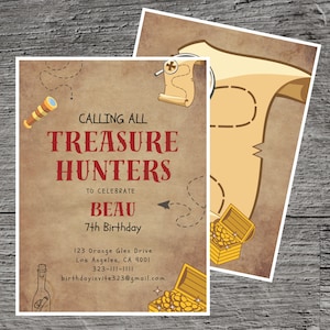 Faire-part d'anniversaire sur le thème de la chasse au trésor, énigme d'exploration de l'or aventure carte, invitation imprimable personnalisée fêter événement amusant rassemblement