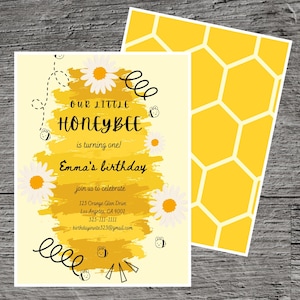 May include: A yellow and white birthday invitation with a bee theme. The invitation says "Our Little Honey Bee is turning one! Emma's Birthday. Join us to celebrate. 123 Orange Glen Drive, Los Angeles, CA 9001, 323-111-1111, birthdayinvite.323@gmail.com"