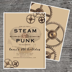 Steampunk Theme Birthday Party Invitation Template, Anachronism Engine Cyberpunk Industrial Rivet, Custom Editable 5 x 7", Canva Free Tool