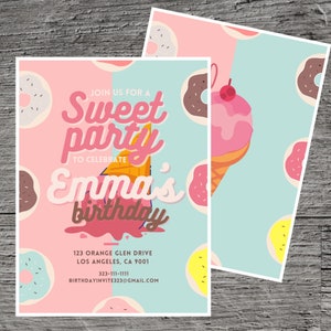 Invitation de fête d'anniversaire sucrée, modèle Canva personnalisable et modifiable en ligne, dessert à la crème glacée Donut, carte imprimable bleu rose 5 x 7"