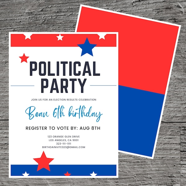 Political Theme Birthday Party Invitation Template, Government Republic Election Democratic, Custom Editable 5 x 7" Canva Free Online Tool