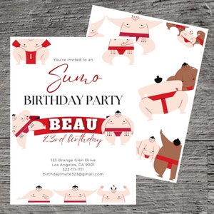 Könnte beinhalten: Eine weiße Einladung mit rotem und schwarzem Text für eine Sumo-Geburtstagsparty. Die Einladung zeigt einen Sumo-Ringer aus einem Cartoon und den Text "You're invited to a Sumo Birthday Party Beau 23rd birthday".
