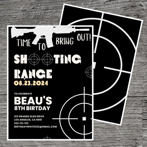Shooting Range Theme Birthday Party Invitation Template, Archery Rifle Distance Firing Range Area, Custom Editable 5 x 7", Canva Online Tool