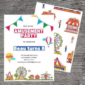 Vergnügungspark-Geburtstags-Party-Einladung, Achterbahn-Riesenrad-Freizeitpark-Eintrittskarte Teenager, kundenspezifisch, Feiern-Versammlungs-Veranstaltung