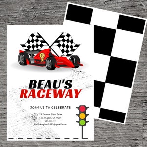 May include: A red race car with a checkered flag and the text "BEAU'S RACEWAY" on a white background. The text "JOIN US TO CELEBRATE" is below the car, followed by an address, phone number, and email address. A traffic light is on the right side of the image.