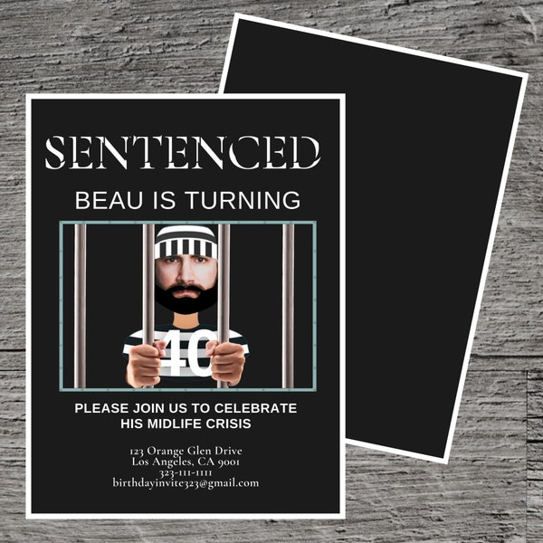 Jail Prison Theme Birthday Party Invitation, Sentenced Trial Inmate Funny Comical, Invite Printable Custom, Celebrate Gathering Fun Event