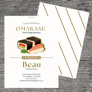 Omakase Thema Geburtstagsfeier Einladung Vorlage, Sushi Japanisch Thunfisch Algen Essen Meerestiere Tempura, Benutzerdefinierte bearbeitbar 5 x 7 &quot;, Canva Free Tool