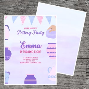 May include: A purple and pink invitation for a pottery party for Emma, who is turning eight. The invitation features a hand holding a clay pot and a variety of colorful pottery designs.
