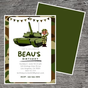 Military Kids Theme Birthday Party Invitation Template, Army Soldiers Child Troops Colonel Tanks, Custom Editable 5 x 7", Canva Free Tool