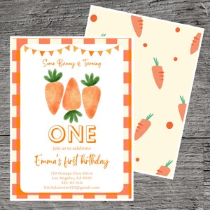 Plantilla de invitación para fiesta de cumpleaños con temática de zanahoria, raíces, hierbas, apio, vegetales, papa y brócoli, personalizable y editable, 5 x 7 pulgadas, herramienta gratuita de Canva.
