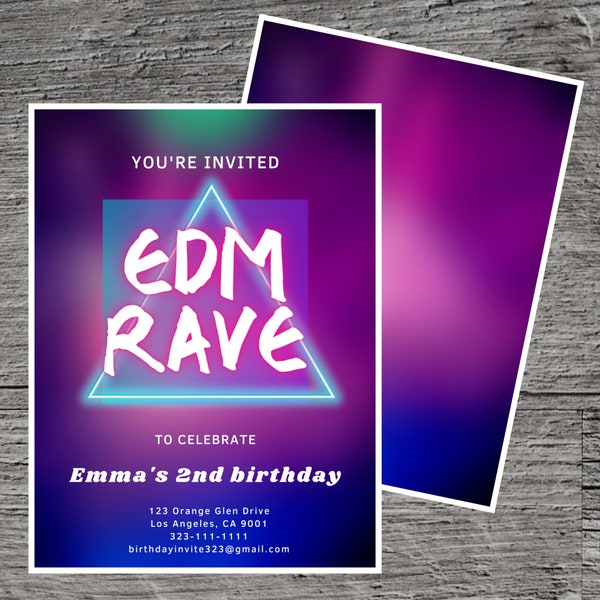 EDM Rave Theme Birthday Party Invitation Template, NightClub Techno Music Dance DJ Electronica Rave, Custom Editable 5 x 7", Canva Free Tool