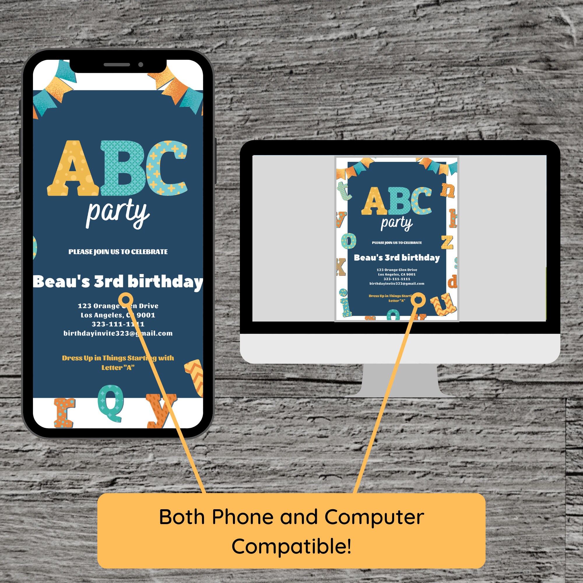 Alphabet Dress up Letter Theme Birthday Party Invitation, Costume