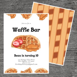 Waffelleiste für Beau Theme Geburtstagsparty Einladungsvorlage, belgisch, flauschiges Gitter, Sirupschwamm, personalisierbar 5 x 7", Canva Free Tool.