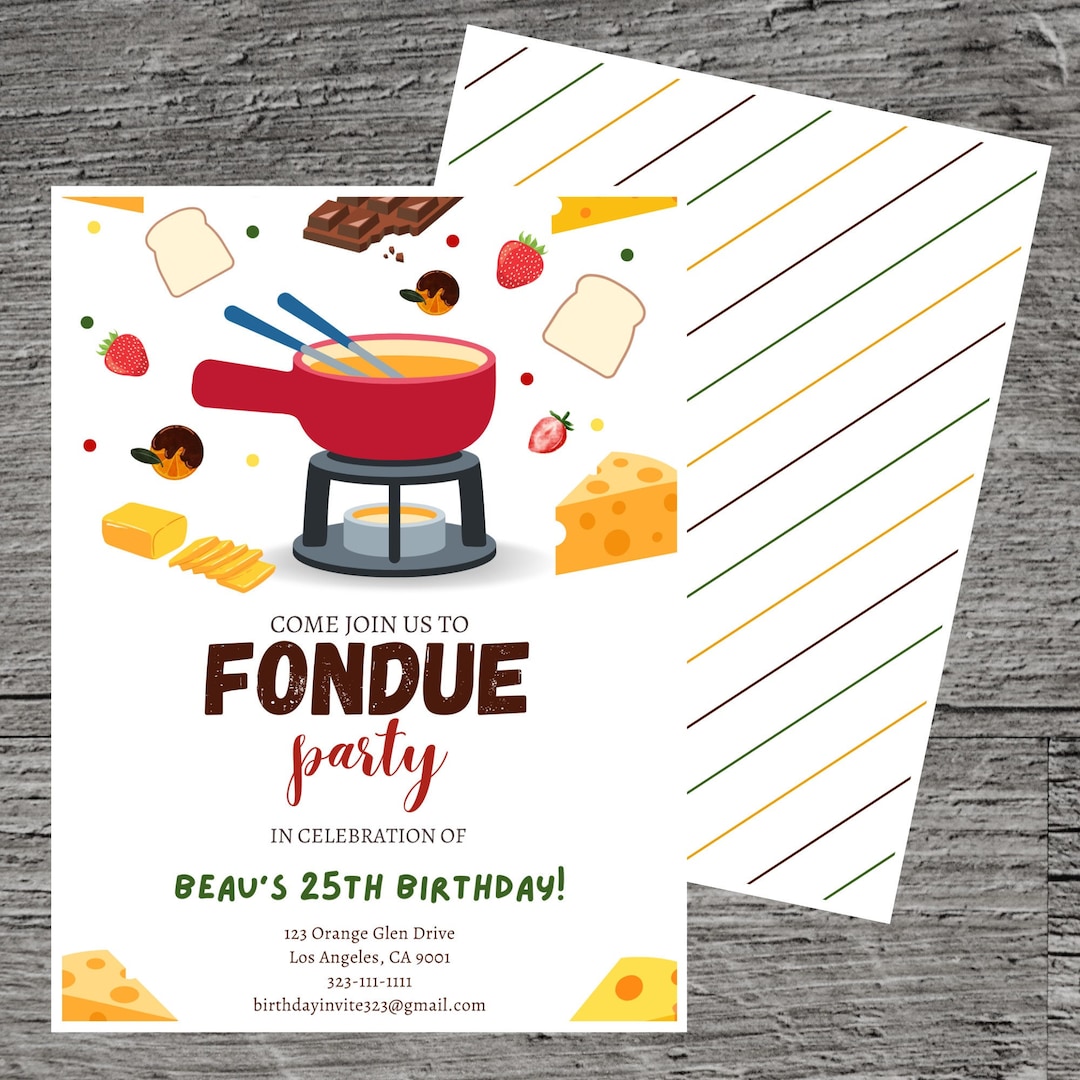 Fondue Theme Birthday Party Invitation, Cheese Chocolate Dip Dessert