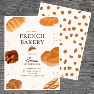 French Bakery for Emma Theme Birthday Party Invitation Template, Boulangerie, Biscuits, Cream puffs Custom Editable 5 x 7", Canva Free Tool.