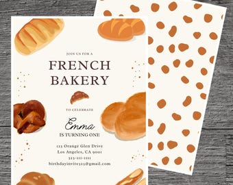 French Bakery for Emma Theme Birthday Party Invitation Template, Boulangerie, Biscuits, Cream puffs Custom Editable 5 x 7", Canva Free Tool.