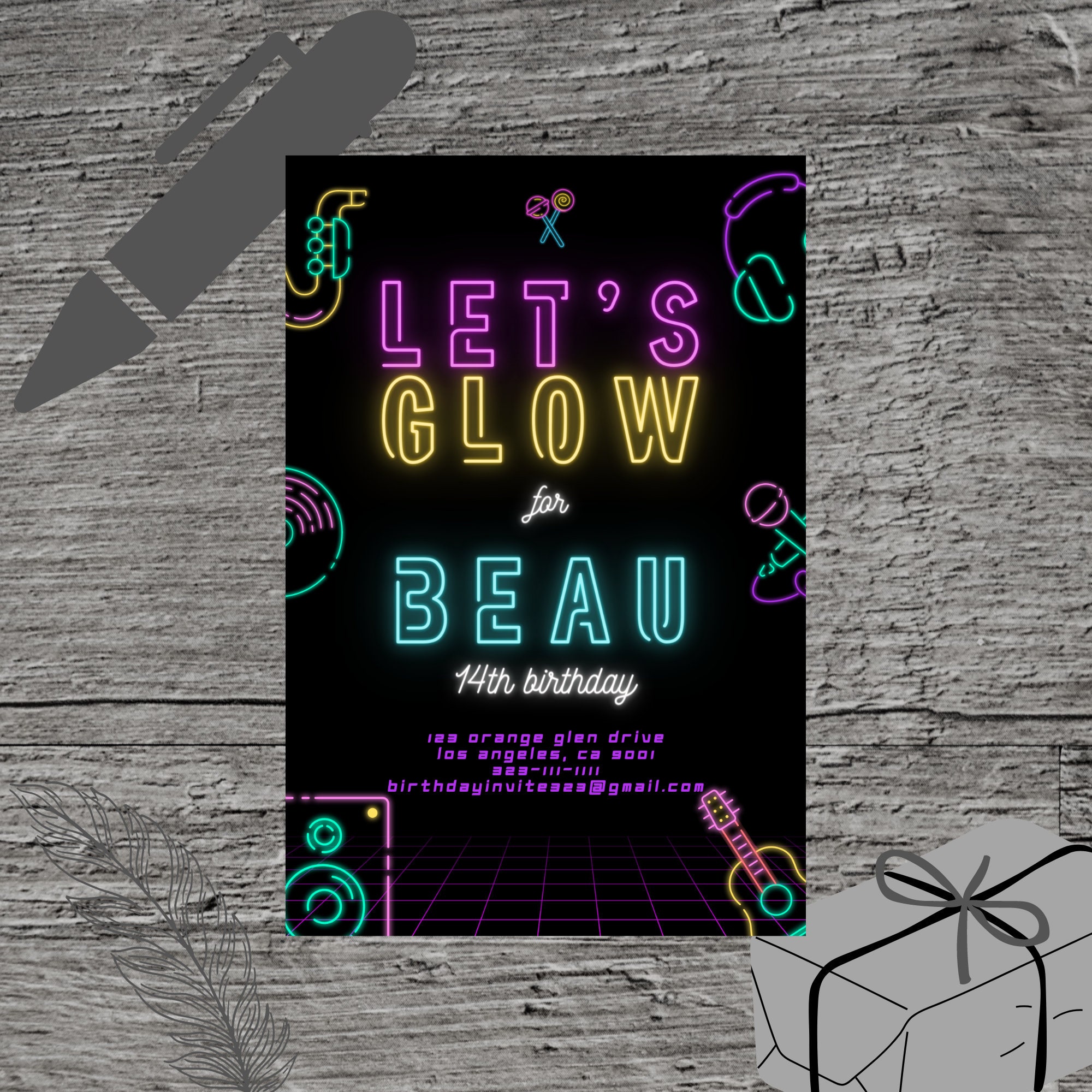 Glow in the Dark Theme Birthday Party Invitation Template, Luminous ...
