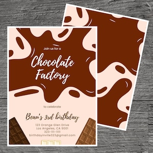 Chocolate Factory for Beau Theme Birthday Party Invitation Template, Sweets, Dessert, Cocoa, Fudge, Custom Editable 5 x 7", Canva Free Tool.