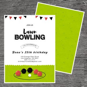 Plantilla de invitación para fiesta de cumpleaños con temática de bolos sobre césped para Beau, bolos traseros, bolos, verde rápido, plomo, personalizable, editable, 5 x 7", herramienta gratuita Canva.