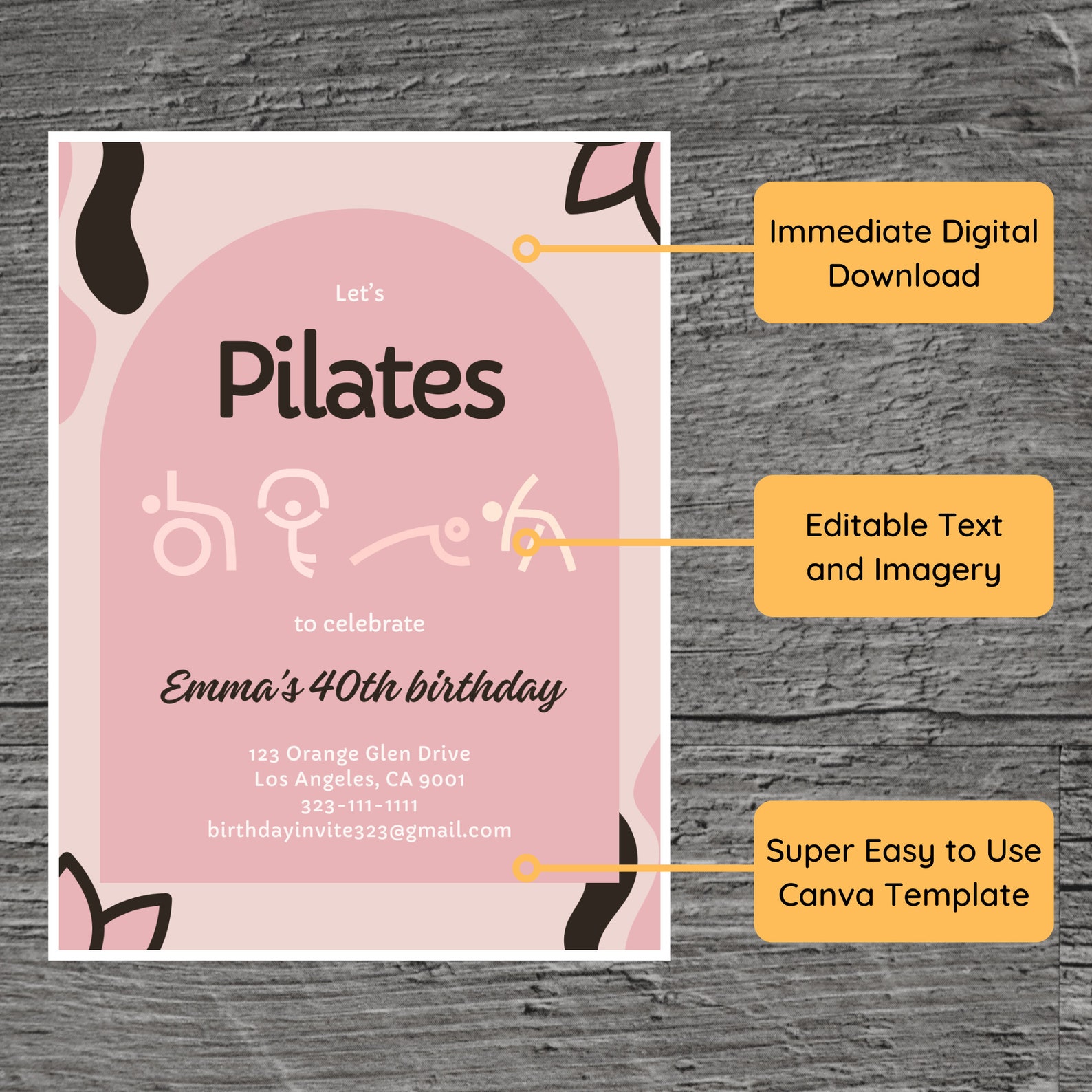Retraction Invite Pilates for Emma Theme Birthday Party Invitation Template, Abduction, C ...