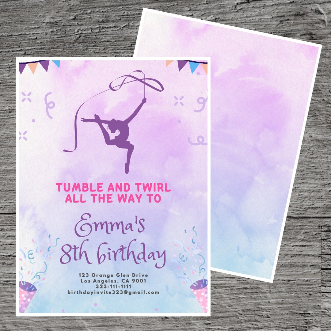 Gymnastics Theme Birthday Party Invitation, Tumble Cartwheel Jump Gym